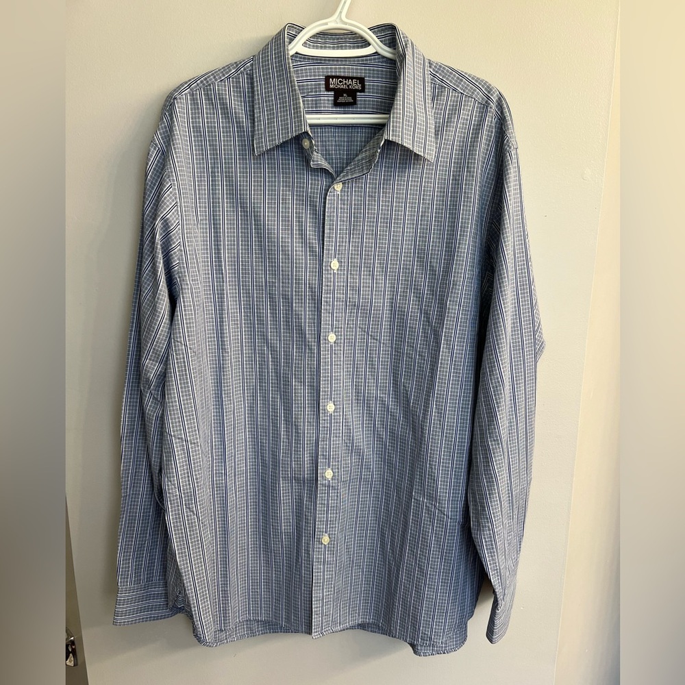 Michael Kors Blue White Button Down Long Sleeve Cotton Shirt Men's Size XL